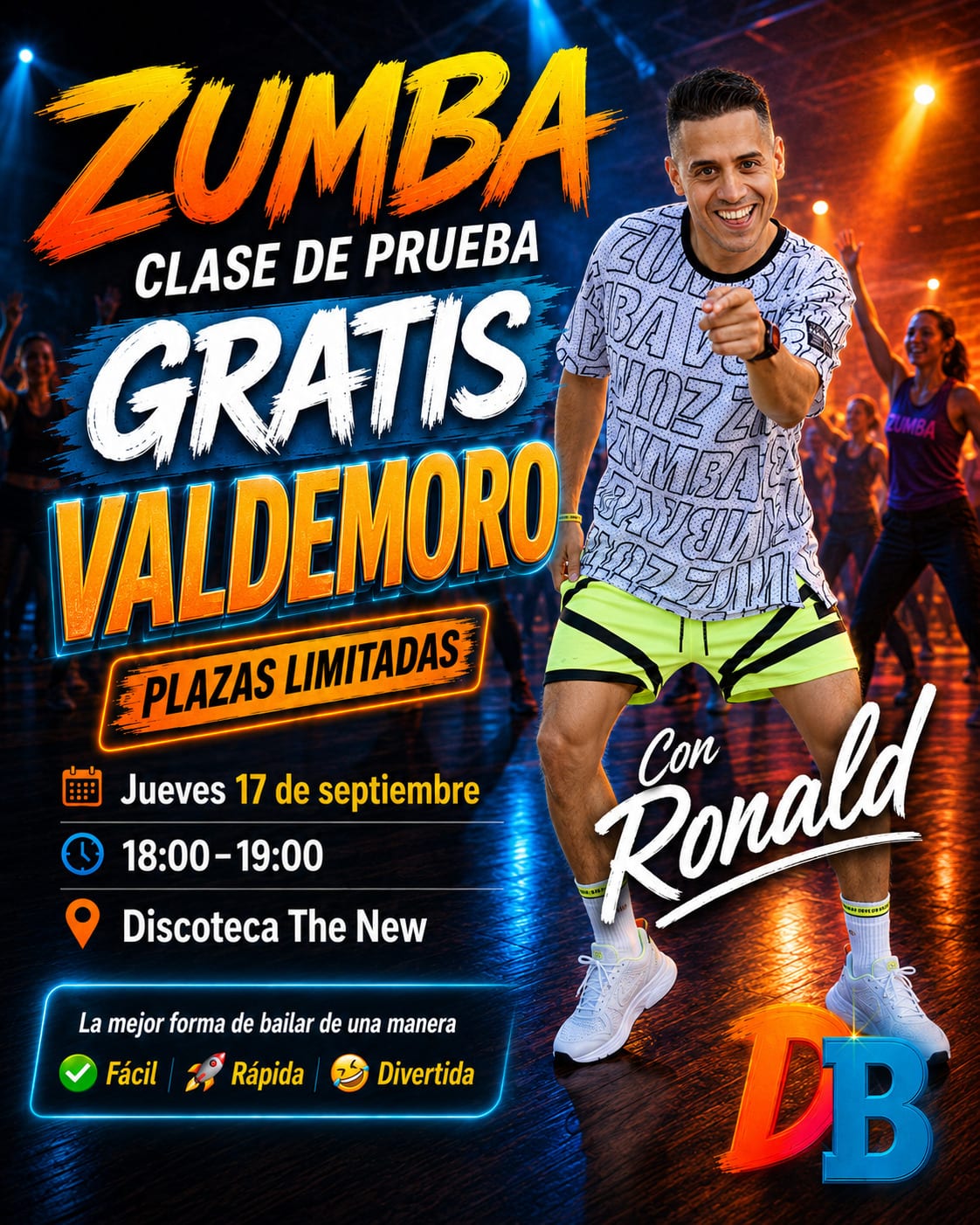 Zumba clase de prueba gratis en Valdemoro con Ronald — jueves 17 de septiembre, 18:00, Discoteca The New