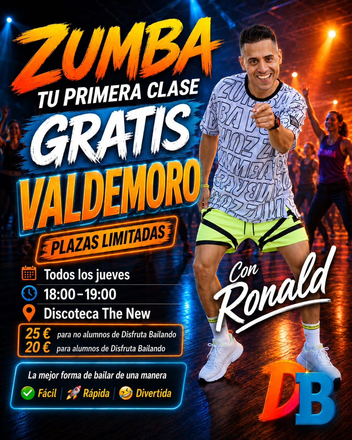 Clases de Zumba en Valdemoro con Ronald: tu primera clase gratis, todos los jueves de 18:00 a 19:00 en la Discoteca The New